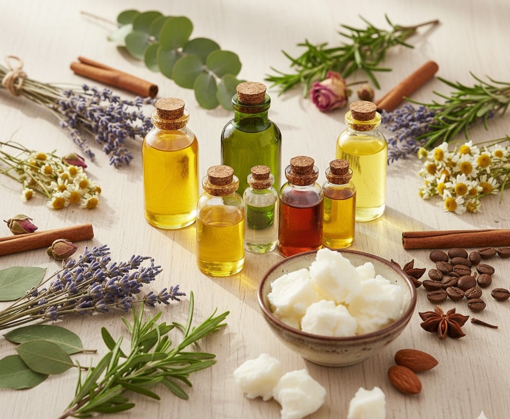 Natural ingredients on a table: lavender, rosemary, chamomile, rose buds, shea butter and botanical oils